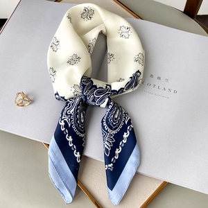 Elegant paisley silk scarf in off-white with blue border and cashew floral pattern