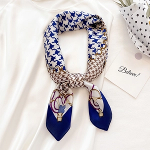 Chic houndstooth silk square scarf with golden chain patterns and cute panda design