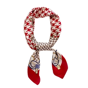 Houndstooth silk square scarf with panda and floral prints with a bold red border