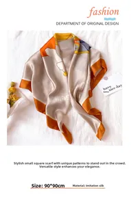 Close-up of 90cm cartoon silk scarf with abstract orange and blue patterns
