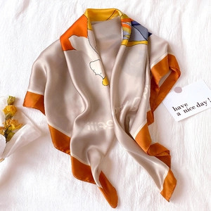 Cartoon Illustration Print Large Square Scarf Satin Satin Like Fashion Decorative Neck Wrap Women