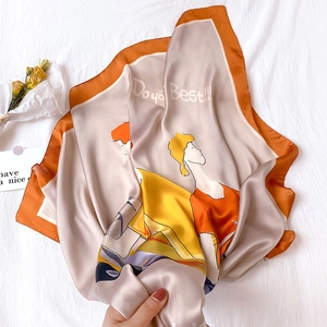 Cartoon square silk scarf with motivational phrase in warm orange and yellow tones