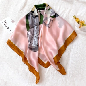 Elegant cartoon silk square scarf with abstract prints and dark brown borders on pink base