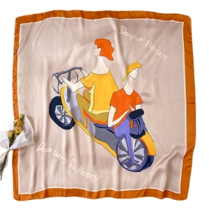 Cartoon silk square scarf with hand-painted motorcycle illustration and orange border