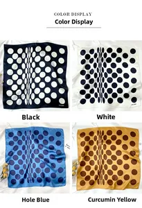 Close-up of four-color polka dot silk scarves showing satin texture and fine stitching