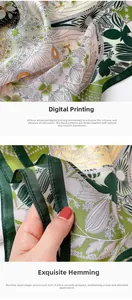 Detailed digital floral print and refined machine hem on the green silk scarf