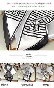 Detail of geometric stripe narrow twilly scarf showing fine stitching and multi-color options