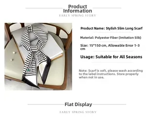 Detail of 15x150cm black and white striped skinny silk scarf with diagonal cut ends