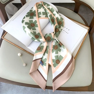 French style narrow silk scarf with green floral print and contrast color stitching