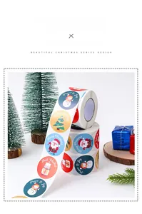 Detail of round Christmas stickers featuring snowman and Santa patterns for gift sealing