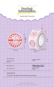 Detail view of heart stickers roll showing 2.5cm diameter and Made with Love text