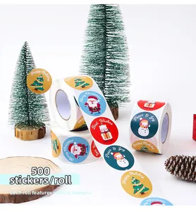 Detail showing 500 Merry Christmas stickers per roll with Santa and snowman patterns