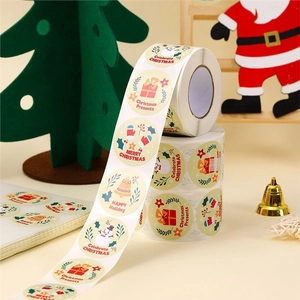 Cartoon Christmas gift sealing stickers with Santa and snowman patterns in a roll