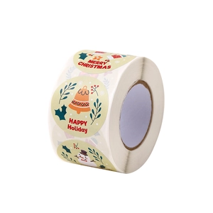 Christmas labels roll with cartoon snowman and bells for festive gift packaging and sealing