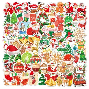 Close-up of holographic Christmas stickers featuring Santa, snowman and reindeer designs