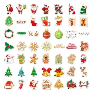 Detailed grid of holographic Christmas stickers featuring Santa, reindeer and snowflakes