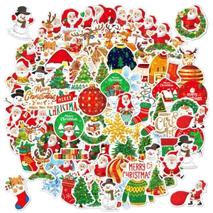 Detailed close-up of Christmas stickers featuring Santa, snowman, and reindeer designs