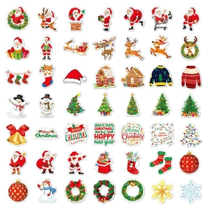 Detailed grid showing 49 unique holographic laser Christmas stickers with holiday motifs