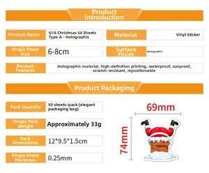 Detailed size and material guide for holographic waterproof 50pcs Christmas sticker pack