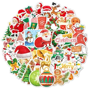 Detailed view of colorful waterproof Christmas stickers with Santa and reindeer motifs