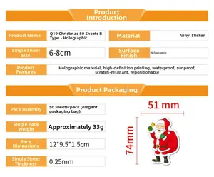 Holographic laser Christmas stickers detail showing 50pcs waterproof vinyl pack features