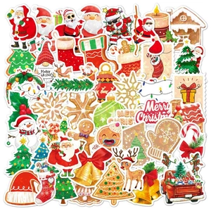 Close-up of waterproof holographic Christmas stickers featuring Santa, reindeer and snowman
