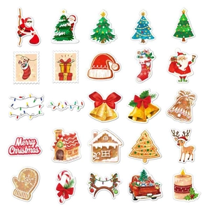 Detail of 25 holographic laser Christmas stickers featuring Santa, trees, and reindeer motifs