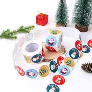 Round Cartoon Snowman Santa Claus Christmas Tree Christmas Stickers Roll For Holiday Gift Box Sealing Envelope Decoration