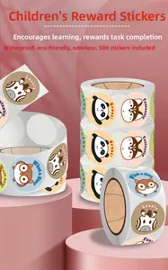 Stack of waterproof animal reward stickers for kids featuring 500 stickers per roll