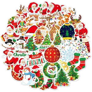 Close-up of assorted waterproof Christmas stickers including Santa, elk, and snowman motifs