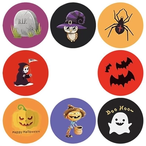 Close-up of 8 diverse Halloween cartoon stickers with ghosts, pumpkins and owls
