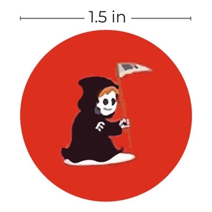 Close-up of 1.5 inch Halloween sticker showing a cute cartoon reaper on red background