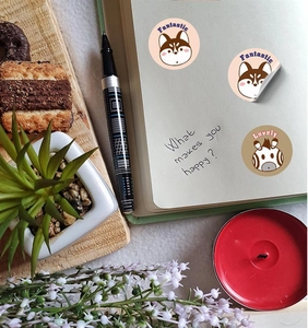 Detail of round cartoon animal reward stickers on a notebook with warm stationery decor