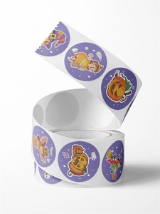 Macro view of purple Halloween roll stickers featuring pumpkin and witch cartoon designs