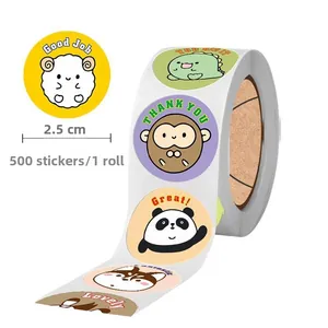 Detail of 500 animal reward stickers per roll featuring panda and dinosaur patterns