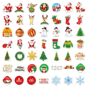 Detailed view of waterproof holographic Christmas stickers with Santa and reindeer motifs