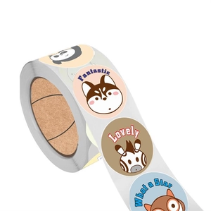 Detail of colorful animal reward stickers roll with encouraging English words for kids