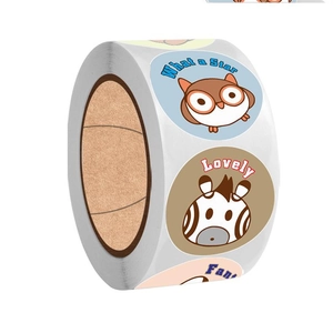 Detail of round cartoon animal stickers roll with motivational English phrases