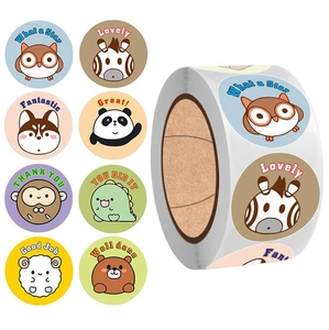 Roll of 8 assorted cartoon animal reward stickers with English motivational praise