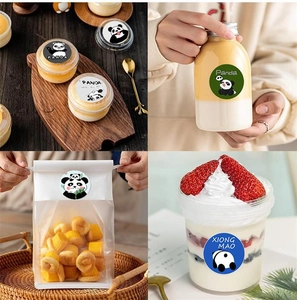 Round panda stickers used as decorative seal labels on glass jars and dessert cups