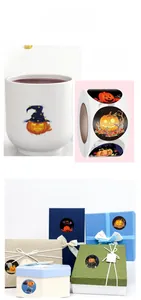 Halloween pumpkin thank you roll stickers applied on a ceramic mug and gift box display