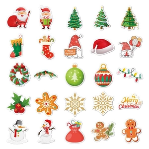 Detail showing 25 diverse holographic laser Christmas stickers with Santa and reindeer designs