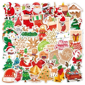 Close-up of waterproof holographic Christmas stickers with Santa, elk, and snowman designs