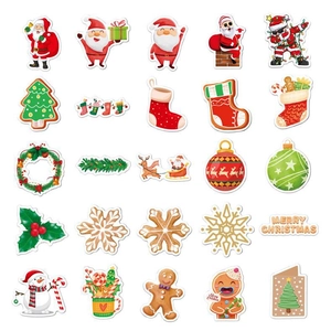 Flat lay of 25 unique holographic Christmas stickers including Santa, elk and snowflakes
