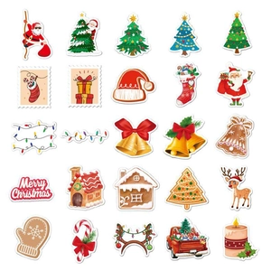 Detailed grid of 25 holographic Christmas stickers including Santa, trees, and reindeer