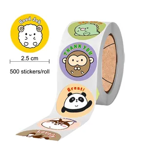 Roll of 500 cartoon animal reward stickers for kids with 2.5cm diameter for school