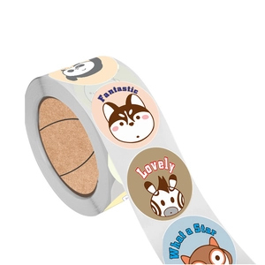Roll of cartoon animal reward stickers with motivating English phrases for kids