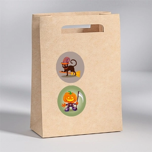 Halloween kraft paper gift bag with cartoon black cat and pumpkin reaper illustrations