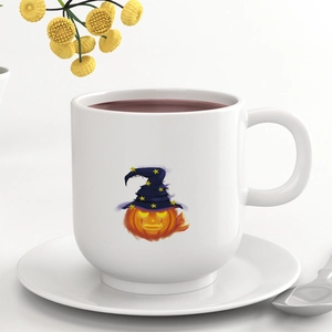 Ceramic Halloween pumpkin mug with blue wizard hat and matching white saucer set