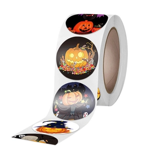 Halloween pumpkin roll stickers with wizard hats and candy patterns on white background